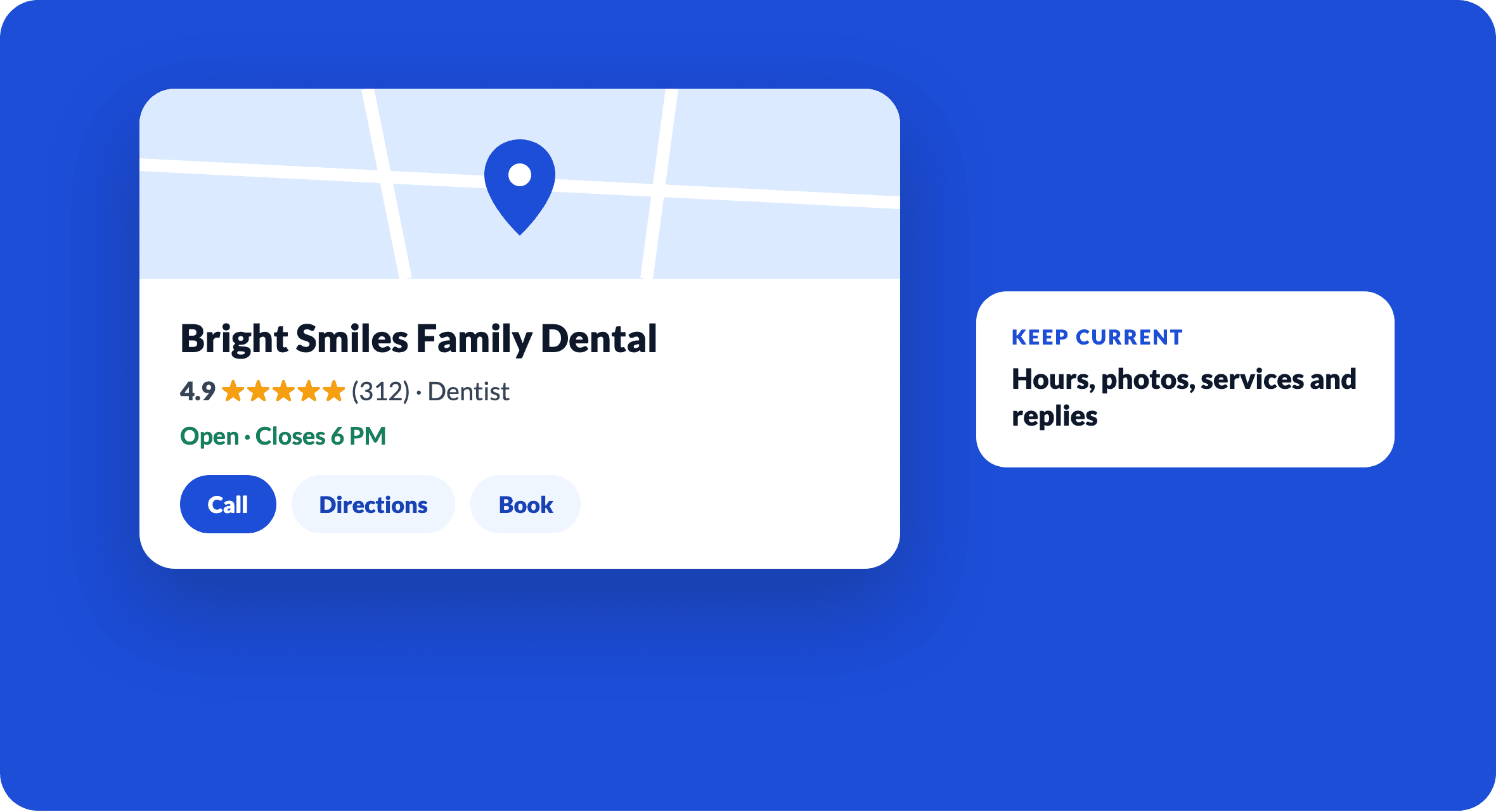 A business profile card with rating, hours and call, directions and booking buttons