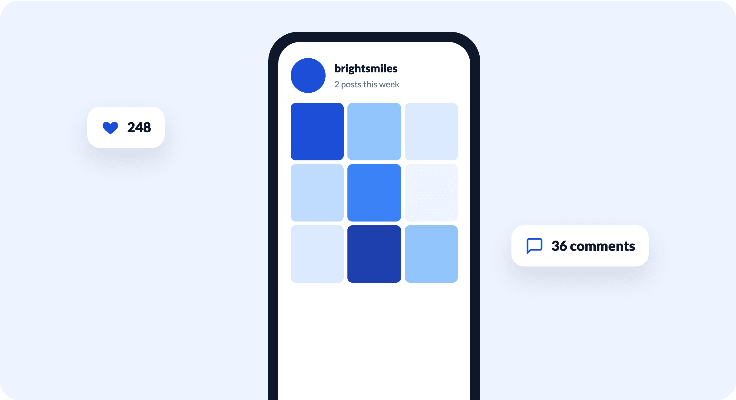 A practice's social media feed on a phone with likes and comments