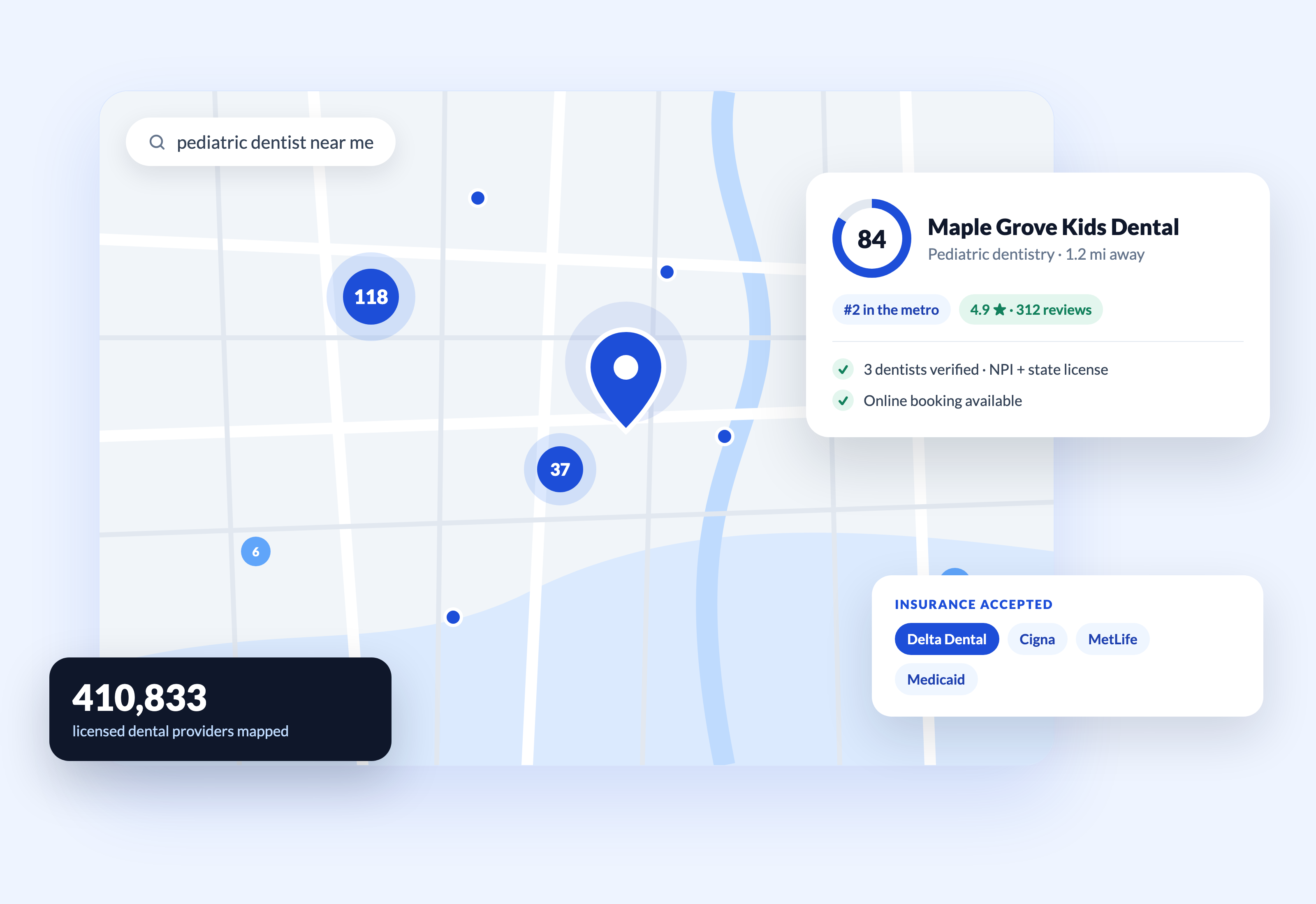 The Dental360Hub map with practice clusters, a practice card showing its Index score and verified dentists, and insurance filters